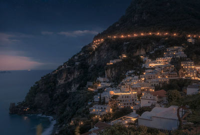 High angle view of townscape by sea against sky