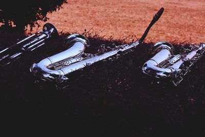 High angle view of bicycle on field