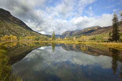 Scenic view of lake and mountains against sky