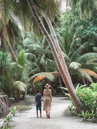 Rear view of people walking on palm tree