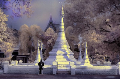 People walking in front of temple building