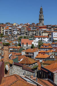 High angle view of buildings in town against clear sky