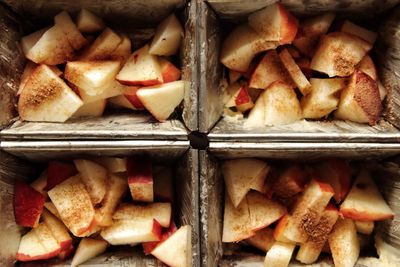 Close-up of sliced apple in baking pan