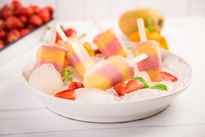 Close-up of flavored ice in bowl on table