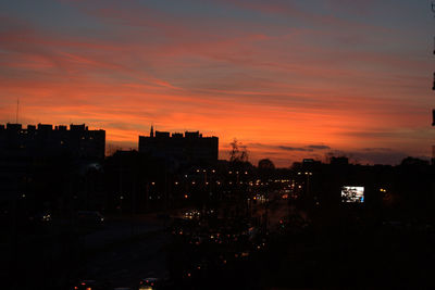 Silhouette cityscape against sky during sunset