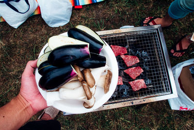 Directly above shot of man holding mushrooms and eggplants in plate over barbecue grill