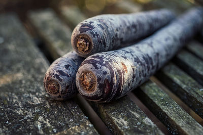 Close-up of rusty metal on wood