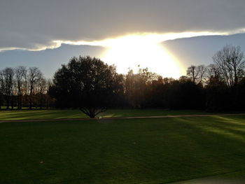 Scenic view of grassy field against sky at sunset