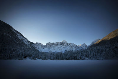 Scenic view of snowcapped mountains against clear sky