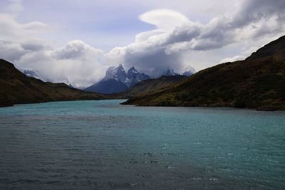 Scenic view of lake and mountains against sky