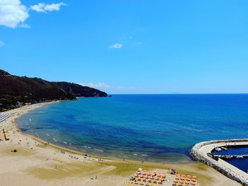 High angle view of beach against blue sky