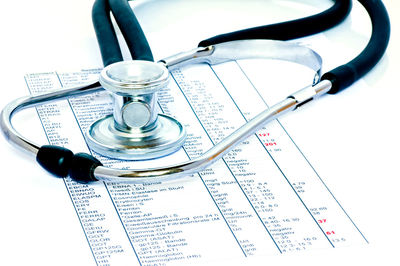 Close-up of stethoscope on medical record