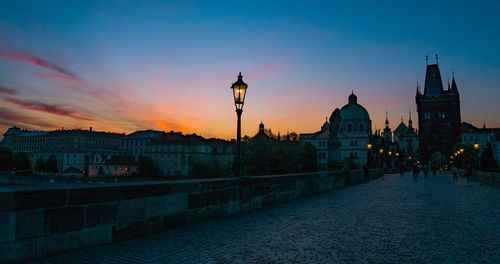 Buildings in city at sunset