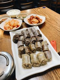 High angle view of food served on table