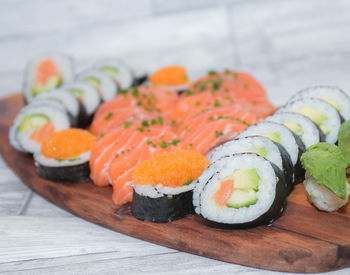 Close-up of sushi served on table