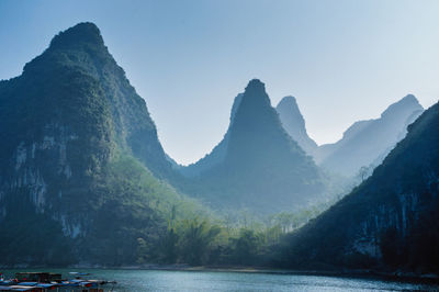 Scenic view of sea and mountains against clear sky