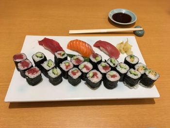 High angle view of sushi in plate on table