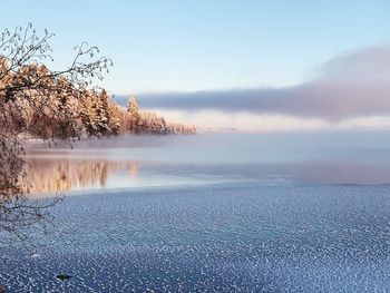 Scenic view of lake against sky during winter