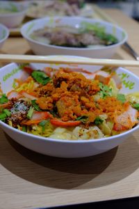 High angle view of salad in bowl on table