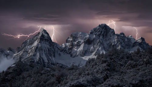 Scenic view of snowcapped mountains against sky during winter