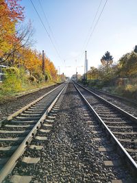 Surface level of railroad tracks against clear sky