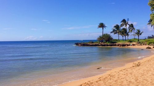 Scenic view of beach against blue sky