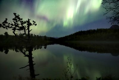 Scenic view of lake against sky at night