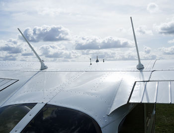 Airplane on landscape against sky