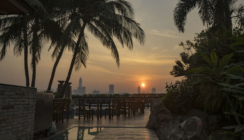 Silhouette palm trees against calm sea at sunset