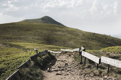 Hiking to polonina carynska bieszczady mountains poland, a view from tourist trail.