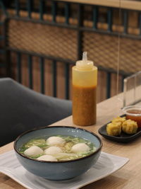 Close-up of soup in bowl on table