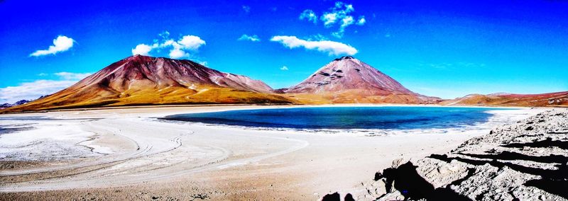 Scenic view of snowcapped mountains against blue sky