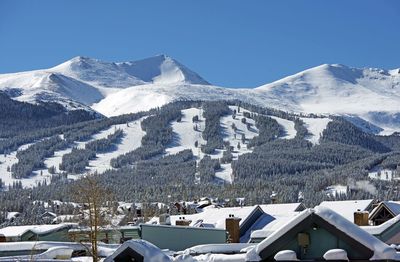 Snow covered buildings against sky