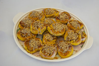 High angle view of breakfast served on table