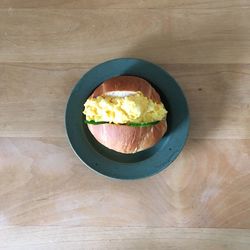 High angle view of breakfast served on table