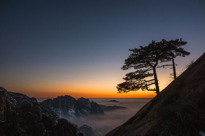 Scenic view of snowcapped mountains against sky at sunset