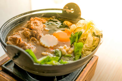 High angle view of food served on table