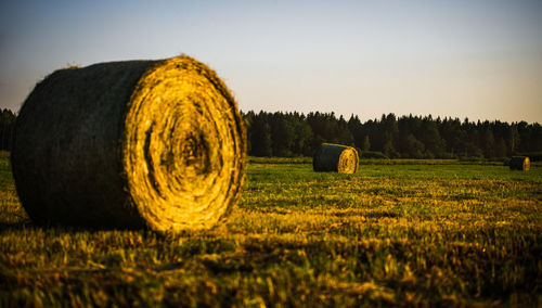 Hay bales on field against sky