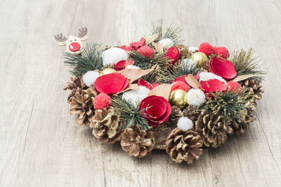 High angle view of christmas decoration on table