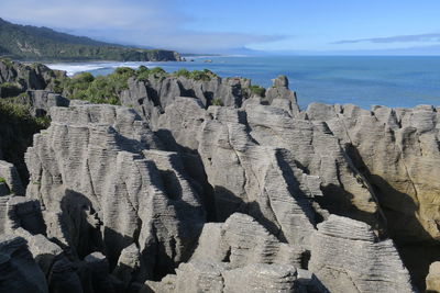 Panoramic view of rocks and sea against sky