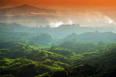 Scenic view of landscape against sky during foggy weather