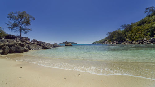 Scenic view of beach against clear blue sky