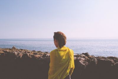 Rear view of man on beach against sky