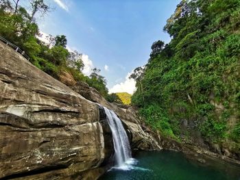 Scenic view of waterfall against sky