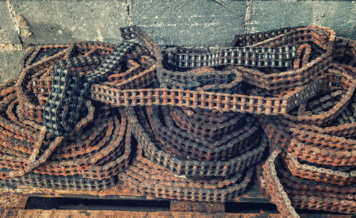 Roller chains background texture. rusty old metal chains, chain transmission mechanism.