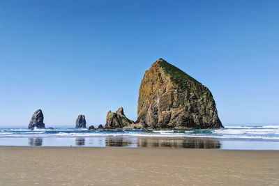 Rock formation on beach against clear blue sky