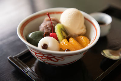 Close-up of fruits in bowl on table