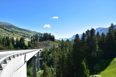 Scenic view of trees and mountains against blue sky