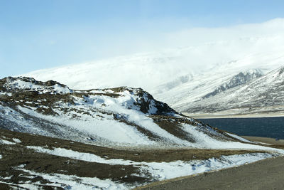 Snow-covered volcanic mountain landscape in iceland