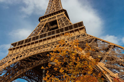 Eiffel tower with autumn leaves in paris, france